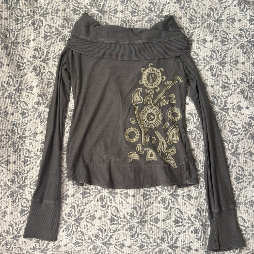 Diesel grey cowl neck top with floral embroidery